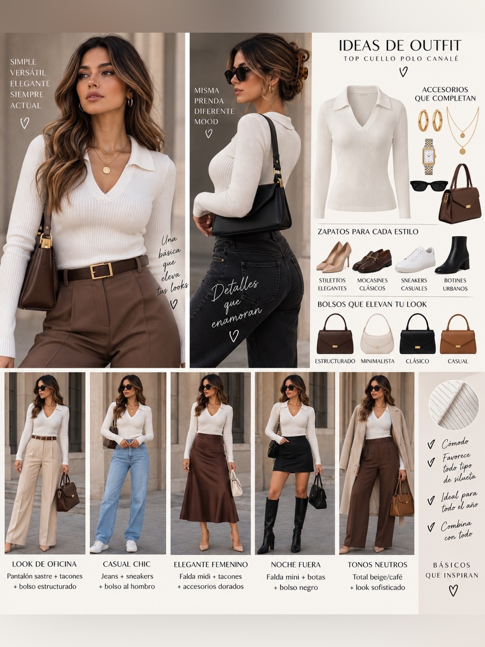 Ribbed V-Neck Polo Collar Midi Skirt Outfit — White